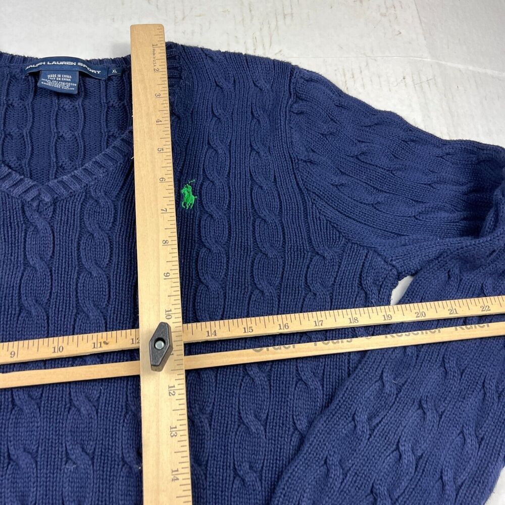 Ralph Lauren Sport Womens V-Neck Sweater Blue Long Sleeve Cable Knit Pullover XL - Picture 7 of 10